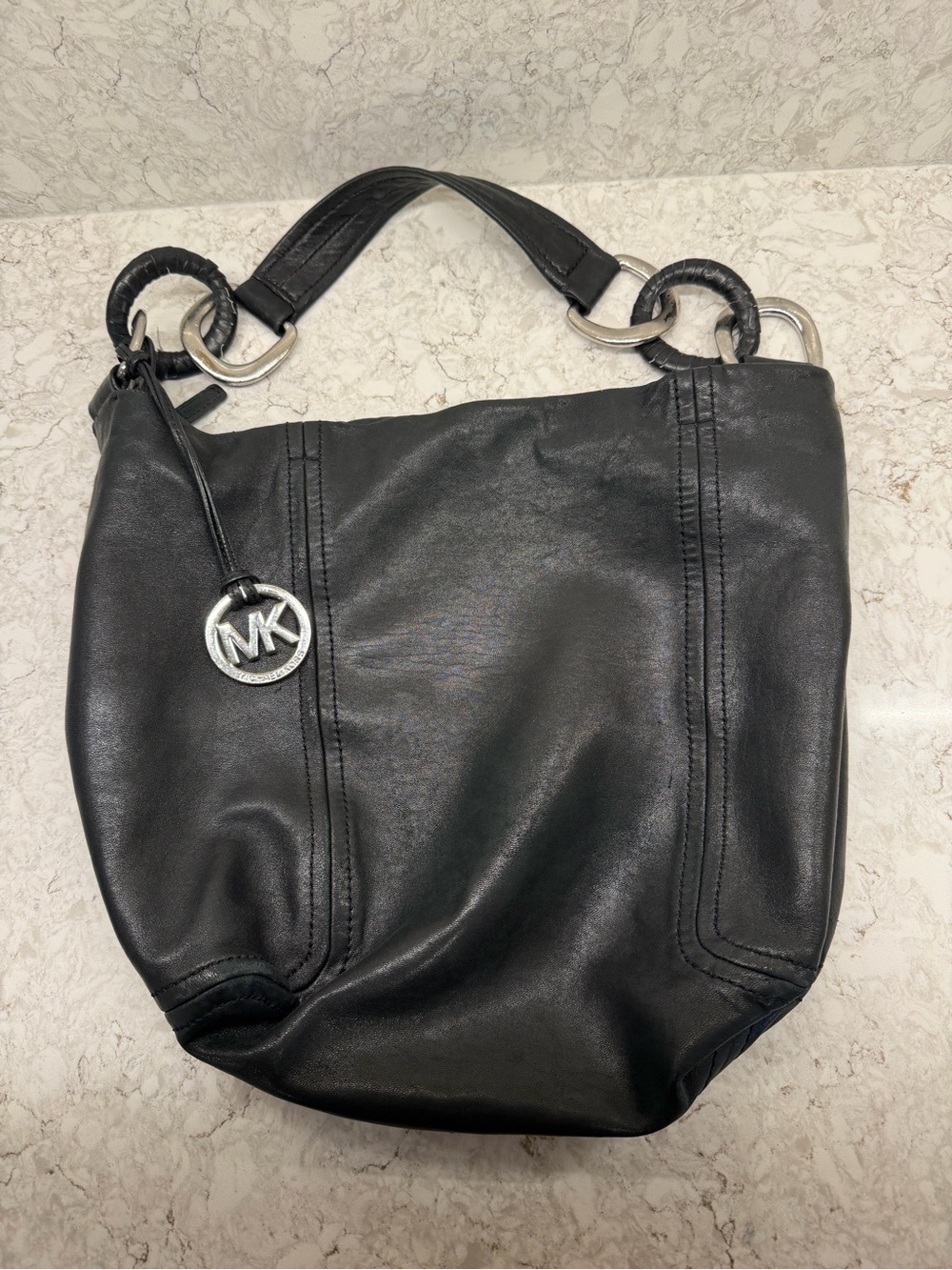Michael Kors Black Leather Shoulder Hobo with MK Charm